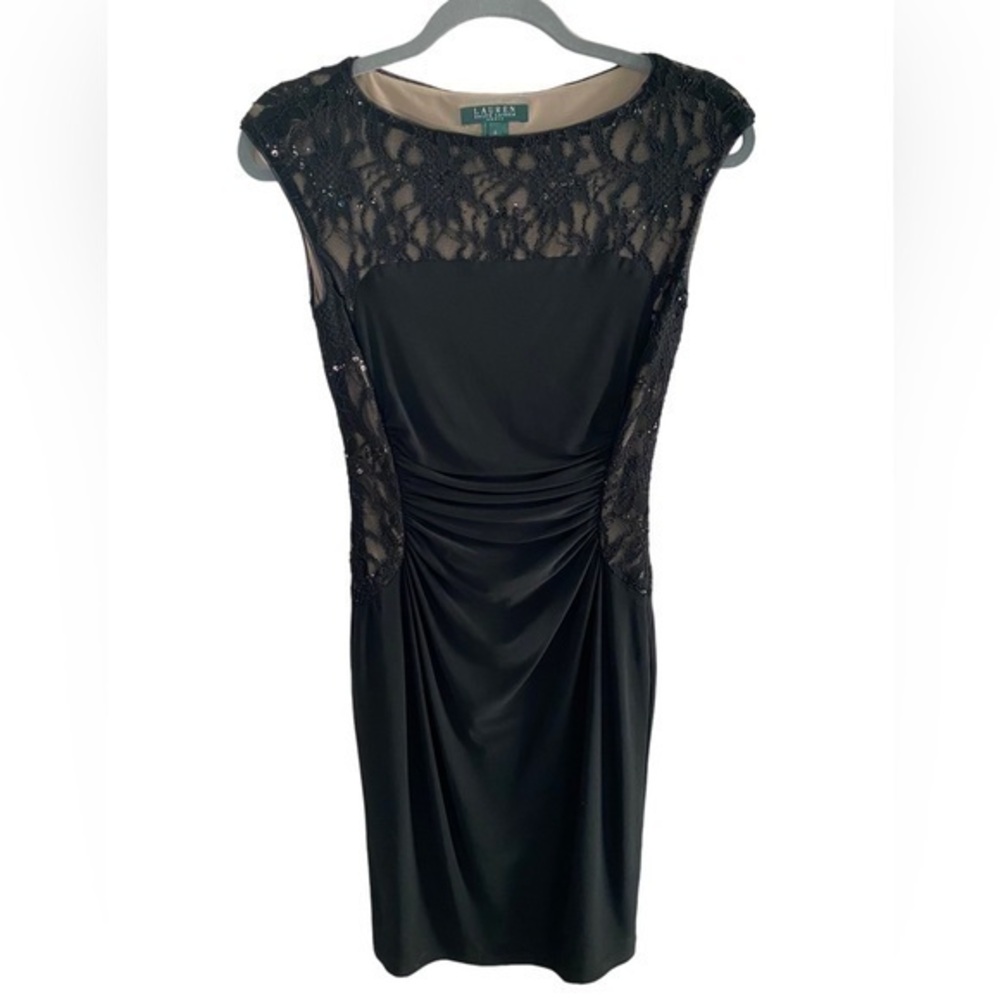 Lauren Ralph Lauren Lace Ruched Dress Sequin Cocktail Stretch Black Sz 2